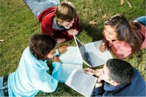 Vier Jugendliche liegen im Gras und bearbeiten gemeinsam einen Text.